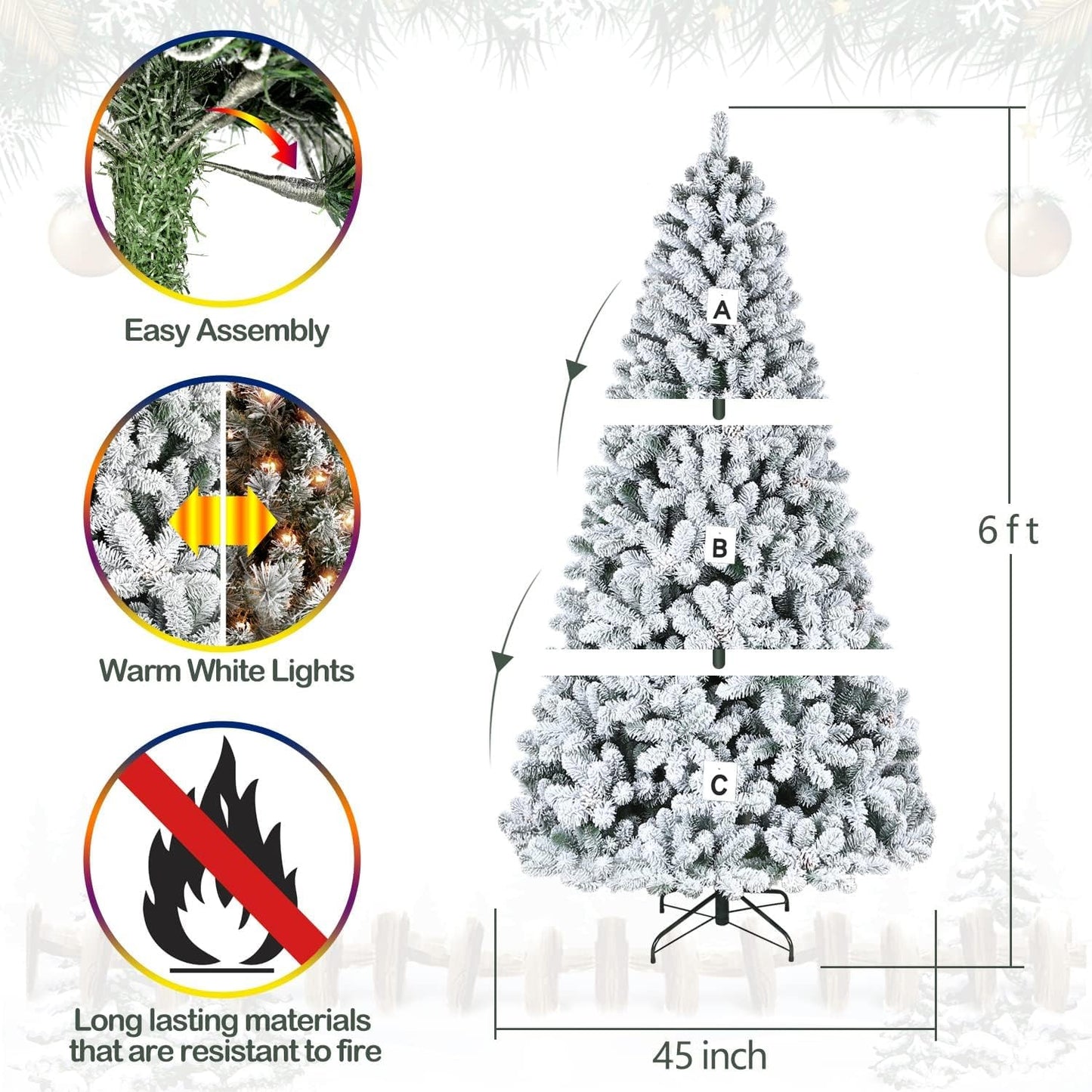 Hykolity 6 ft Snow Flocked Christmas Tree, Artificial Christmas Tree with Pine Cones, 250 Warm White Lights, 762 Tips, Metal Stand and Hinged Branches