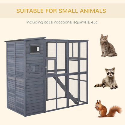 PawHut Outdoor Cat House, Catio Wooden Feral Cat Shelter, Cat Cage with Platforms, Weather Protection Asphalt Roof, Ramps, 77" L