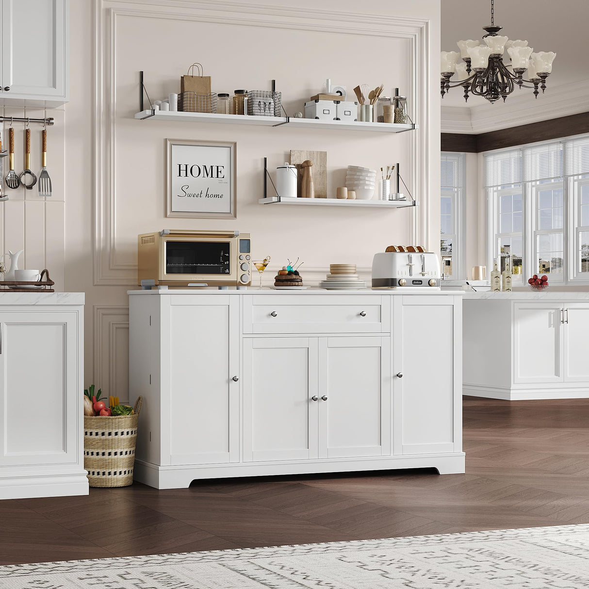 HITHOS 54" Buffet Cabinet with Storage, Modern Kitchen Buffet Sideboard with Drawer, Wood Coffee Bar Cabinet with Adjustable Shelves, Kitchen Storage Cabinet for Dining Room, Living Room, White HITHOS