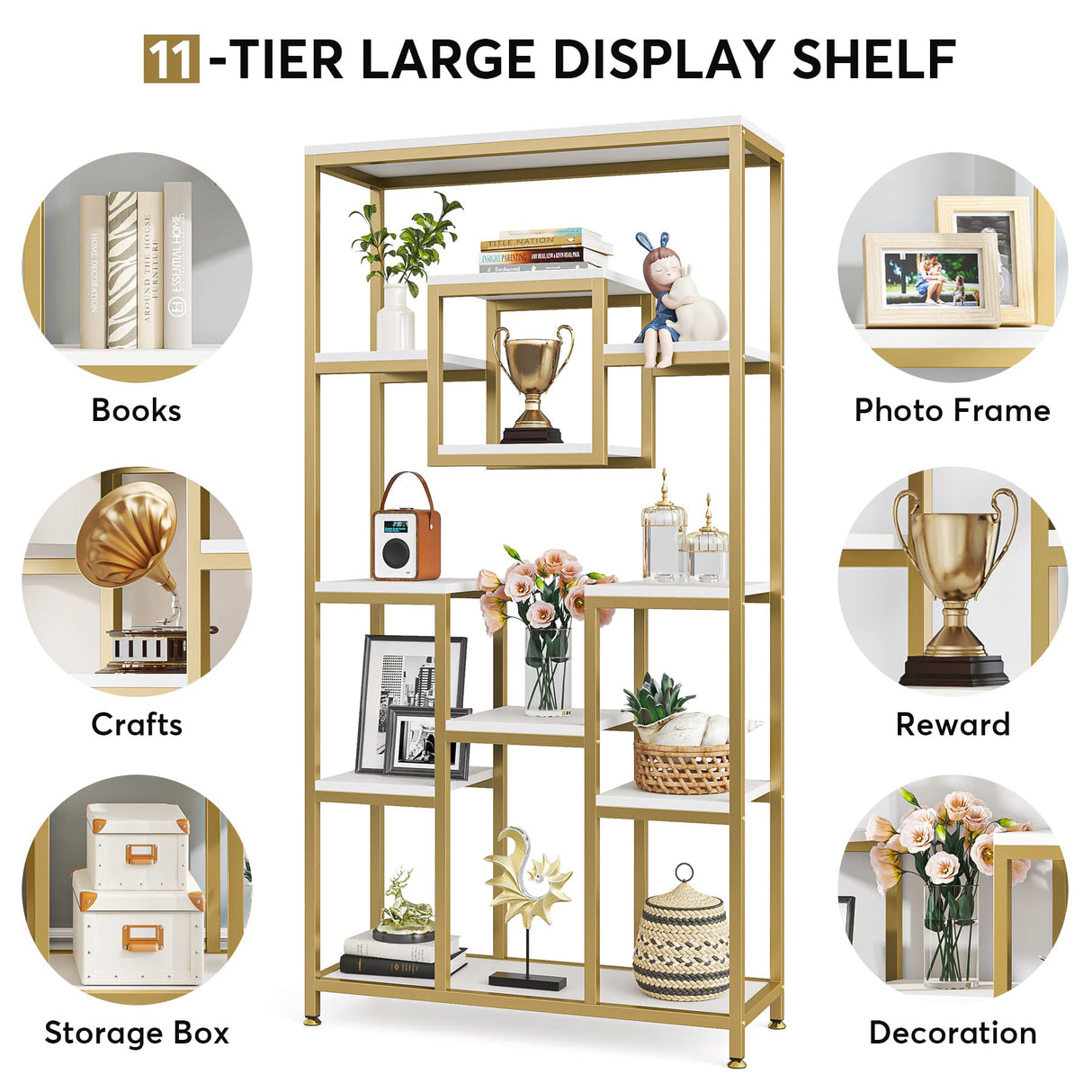 Tribesigns 71" Gold and White Modern 11-Tier Etagere Bookshelf for Elegant Storage and Display Tribesigns
