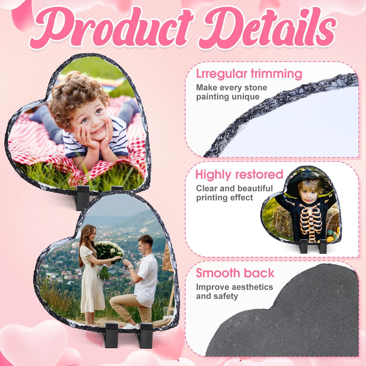 Seajan 18 Pieces Sublimation Slate Blanks Heart Shaped Stone Customized Memorial Frame with Display Stands 5.9 x 5.9 Inch Rock Sublimation Plaque Blank Personalized Picture Frame for Heat Transfer Seajan