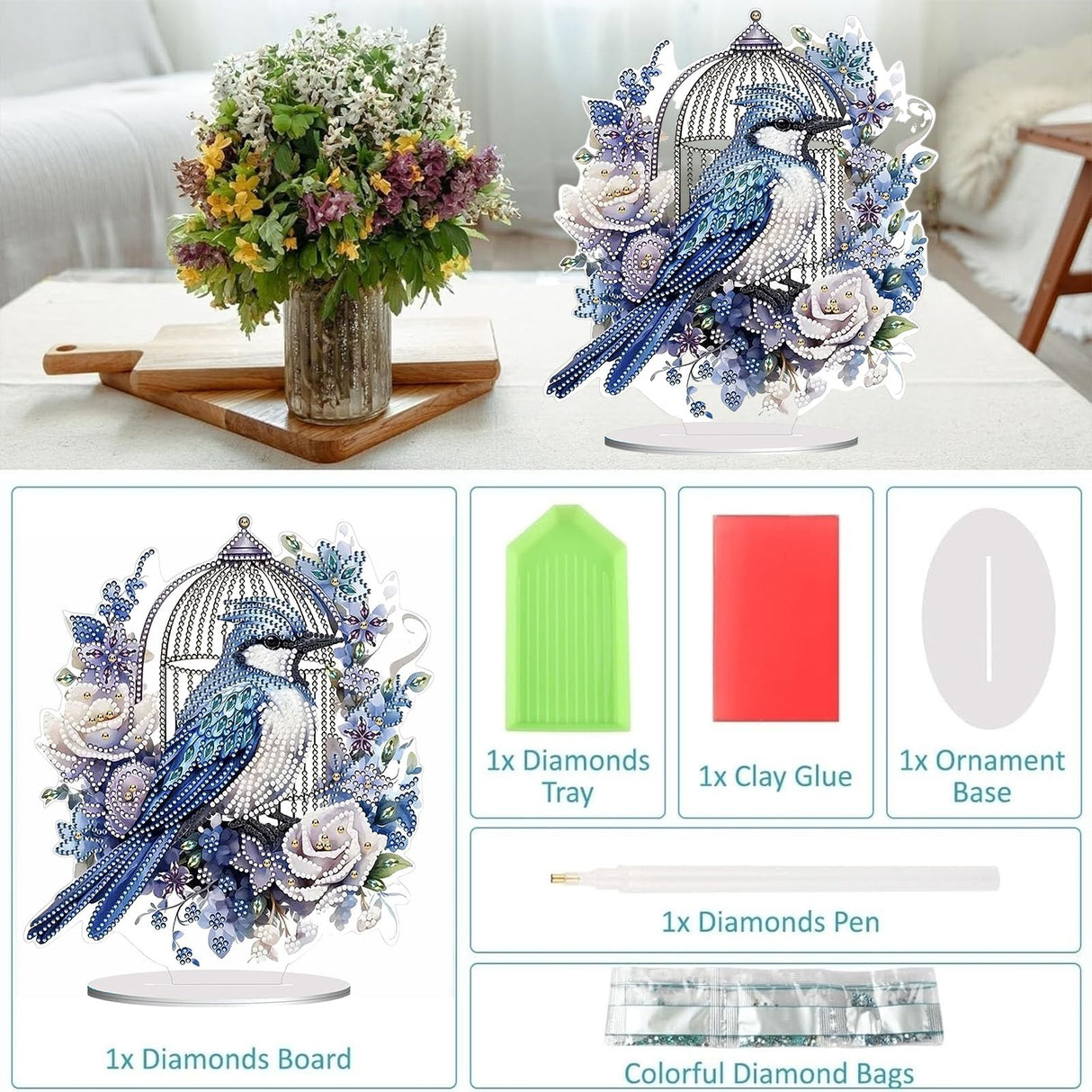 Diamond Painting Kits for Adults Beginners, 5D Full Drill Bird Crystal Art Desktop Ornament, DIY Single Sided Home Office Desk Decor, Creative Craft Gift Set with Tools OFRKE