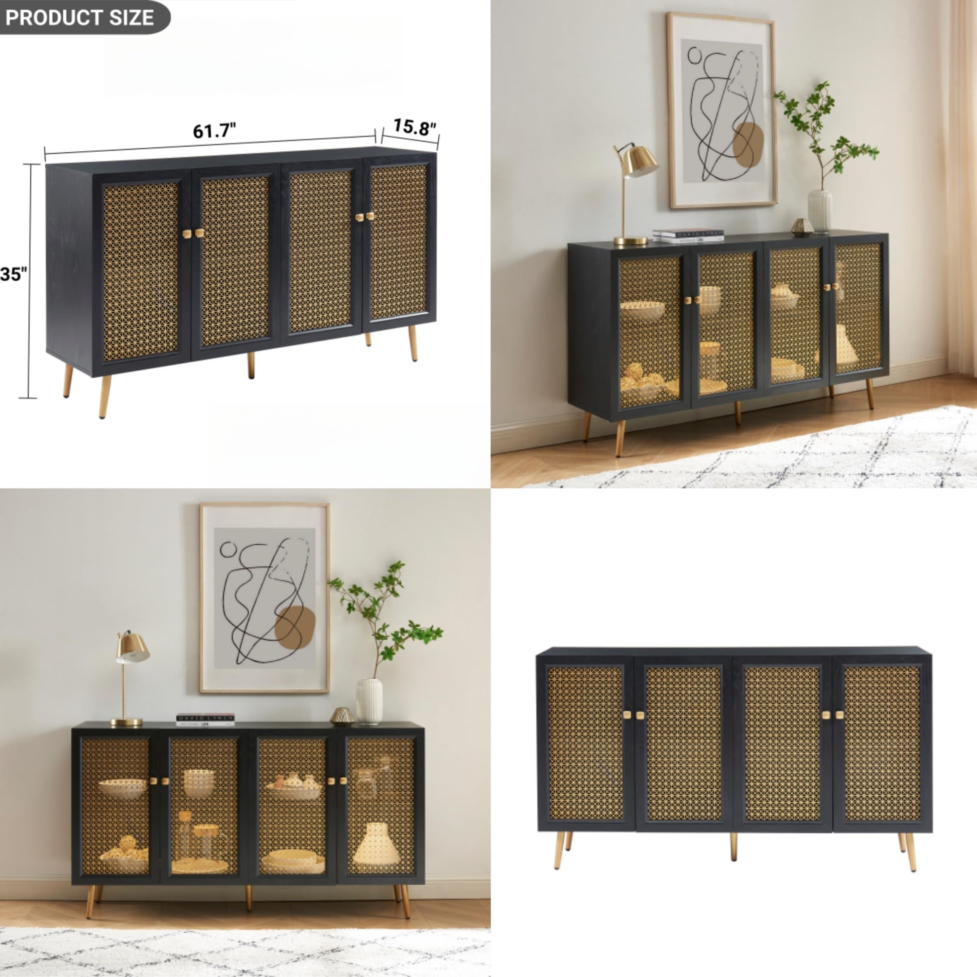 EDYO LIVING 63" Metal Decorative Sideboard Buffet Cabinet with LED Light, Black Credenza Storage Cabinet, Wood Accent Cabinet with 4 Doors for Living Room - WoodArtSupply