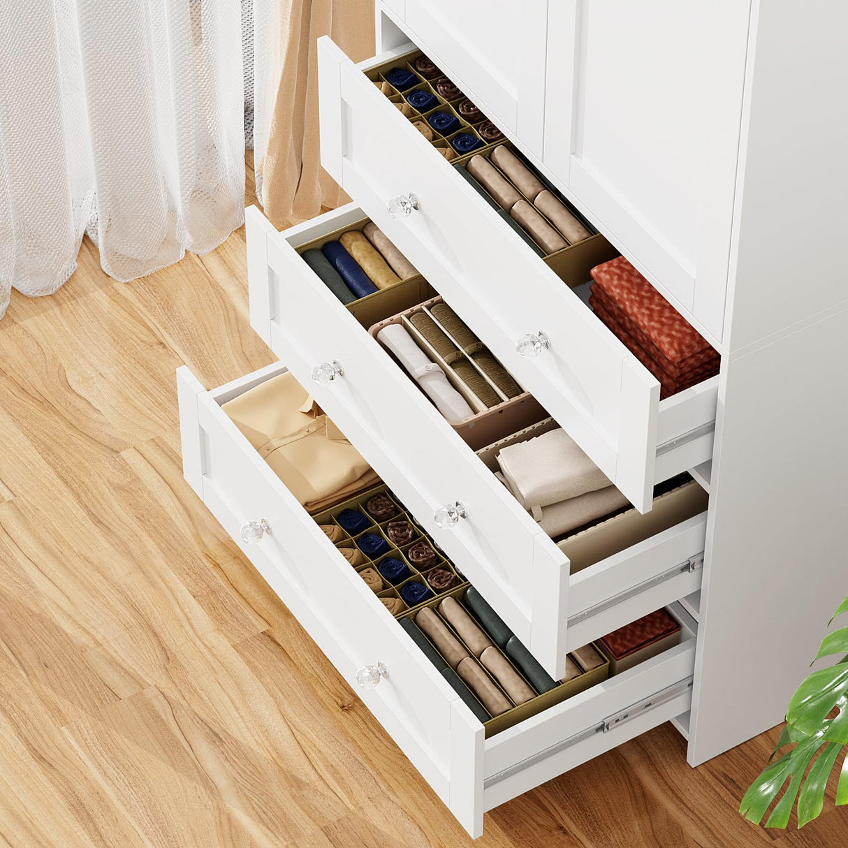 VOWNER Armoire Wardrobe Closet with Drawers and Mirror, 71" Clothing Storage Cabinet with Hanging Rod, 2 Doors Wooden Wardrobe Cabinet for Bedroom, Large Capacity Storage, White VOWNER