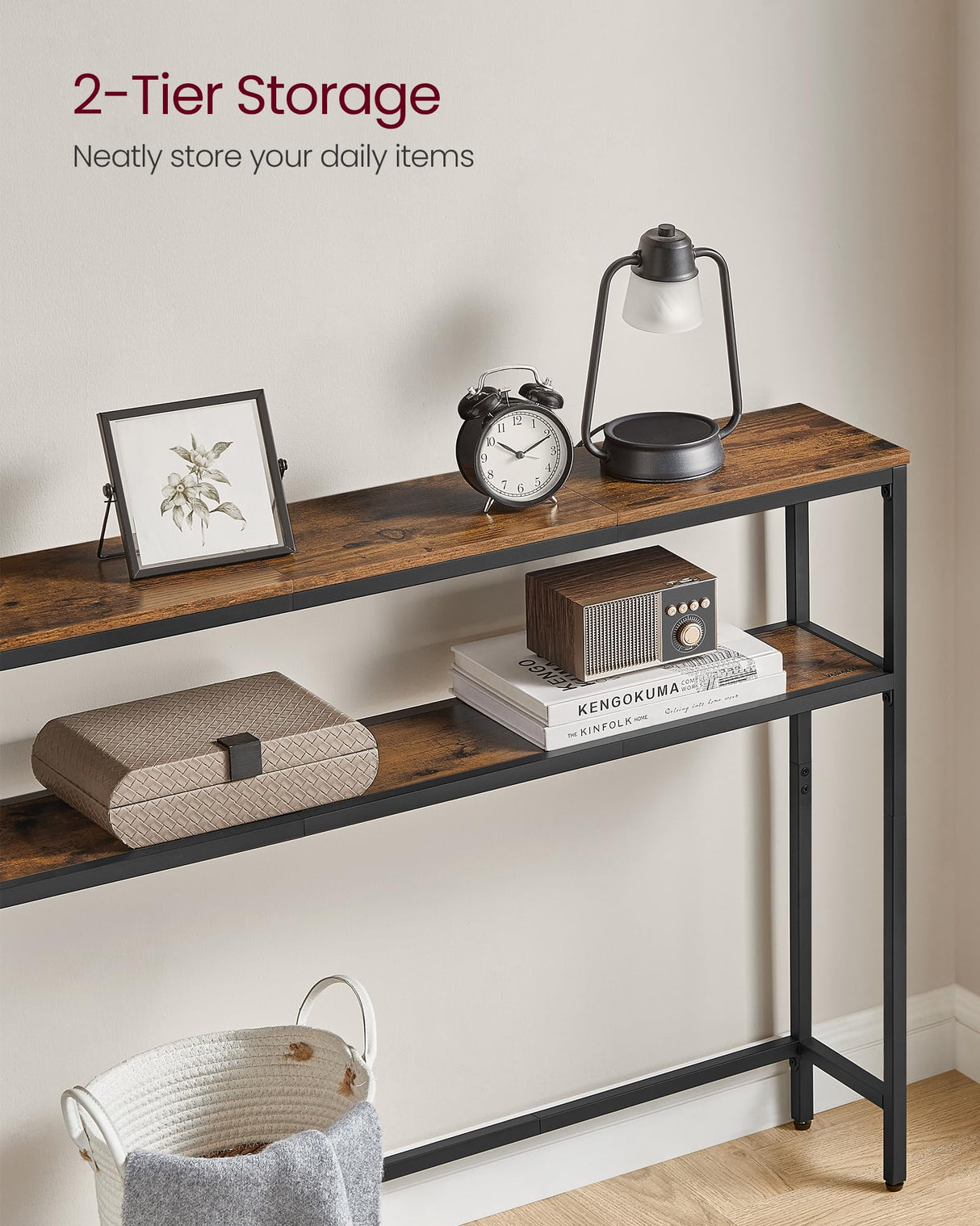 VASAGLE Console Table, 2-Tier Sofa Table, 7.9 x 39.4 x 31.5 Inches, Narrow Entryway Table, Modern Entry Table with 2 Shelves, for Living Room, Bedroom, Rustic Brown and Ink Black ULNT131K01 VASAGLE