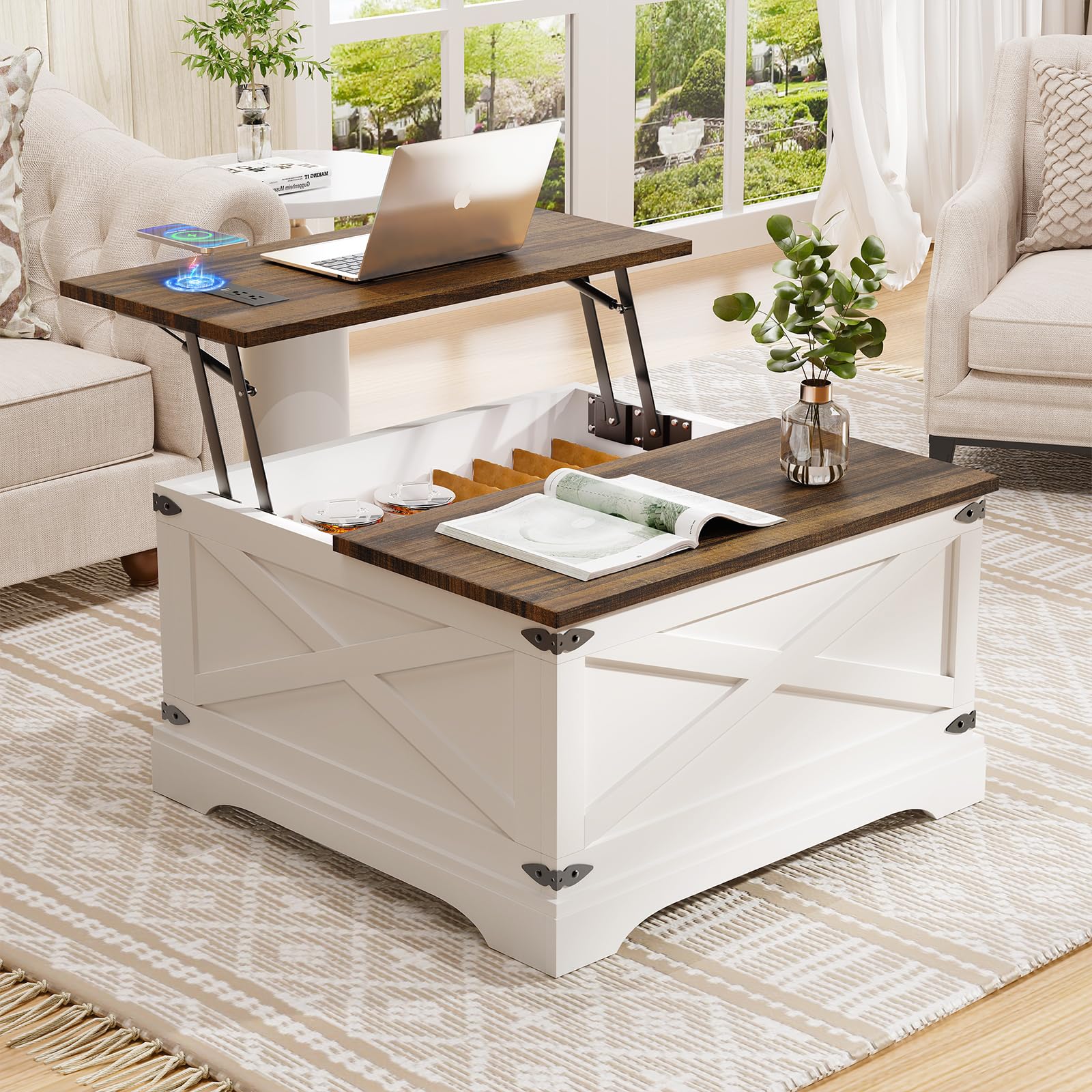 BROTTAR Lift Top Coffee Table with Storage, Square Coffee Table for Living Room with Wireless Charging, Farmhouse Coffee Table with Large Hidden Storage, White, 31.5" - WoodArtSupply