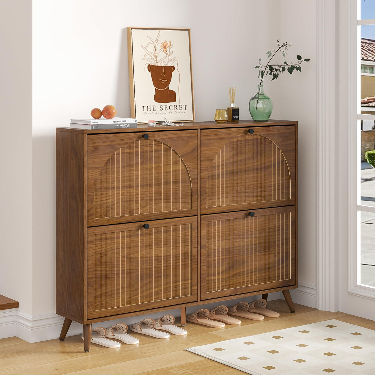 Fsbecl Shoe Storage Cabinet for Entryway with 4 Flip Drawers, Narrow Shoe Organizer with Fluted Panel, Freestanding Wood Hidden Shoe Cabinet for Foyer, Hallway (Walnut, 4 Flip Drawers) Fsbecl