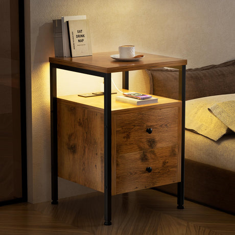 YILQQPER Nightstand with LED Light, Charging Station, 2 Deep Drawers & Shelves, Wood Night Stand Bed Side End Table for Bedroom & Living Room, Rustic Brown YILQQPER