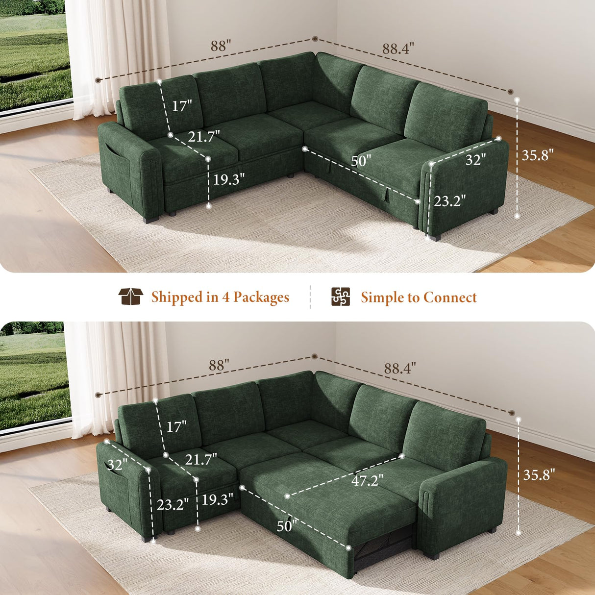 Vesgantti 88.4" Sectional Sleeper Sofa with Pull Out Bed, 5 Seater L Shaped Modular Sectional Couch with Storage, Comfy Chenille Modular Couch for Living Room, Bedroom, Apartment, Green Vesgantti