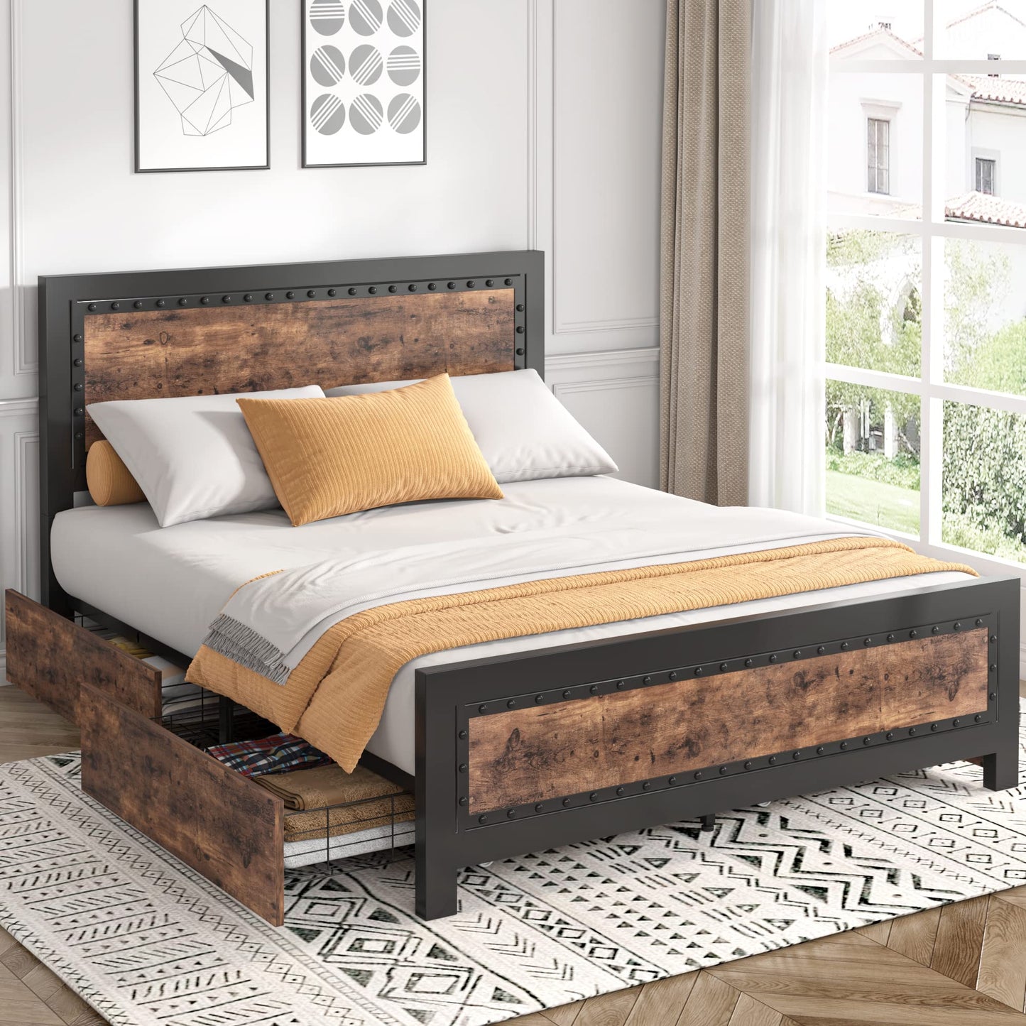 Keyluv Vintage Brown King Bed Frame with 4 Storage Drawers and Rivet Headboard - WoodArtSupply