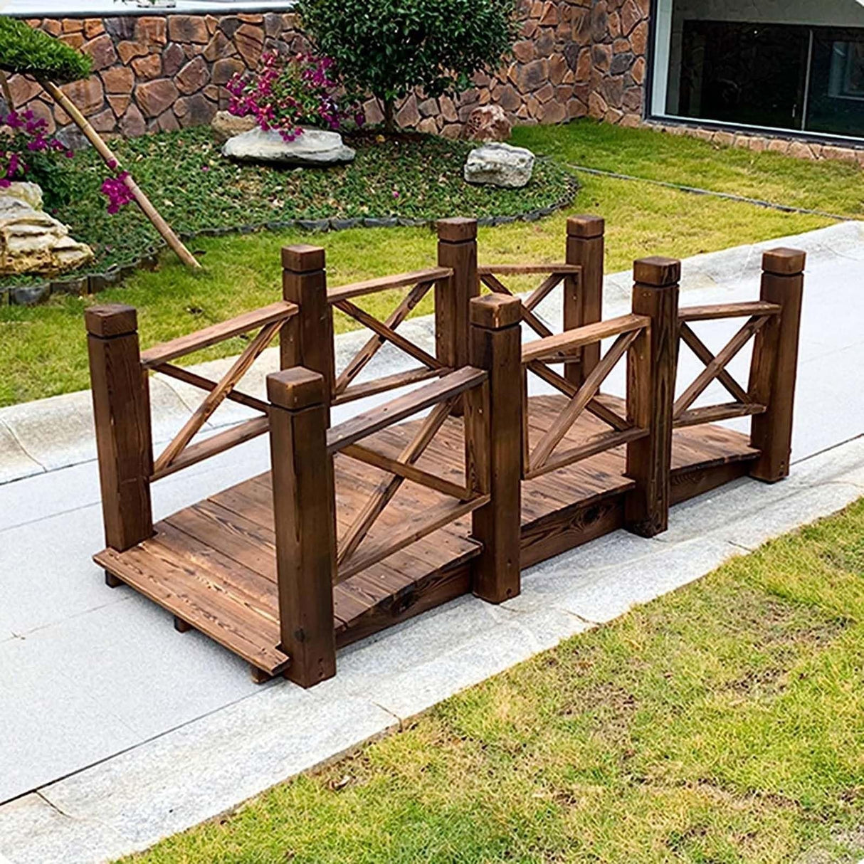 Garden Bridges 55" Rustic Fish Pond Bridge with Double Siderails, Wooden Garden Bridge Lawn Décor Arc Footbridge for Backyard Creek Stream,Easy to Assemble WoodArtSupply