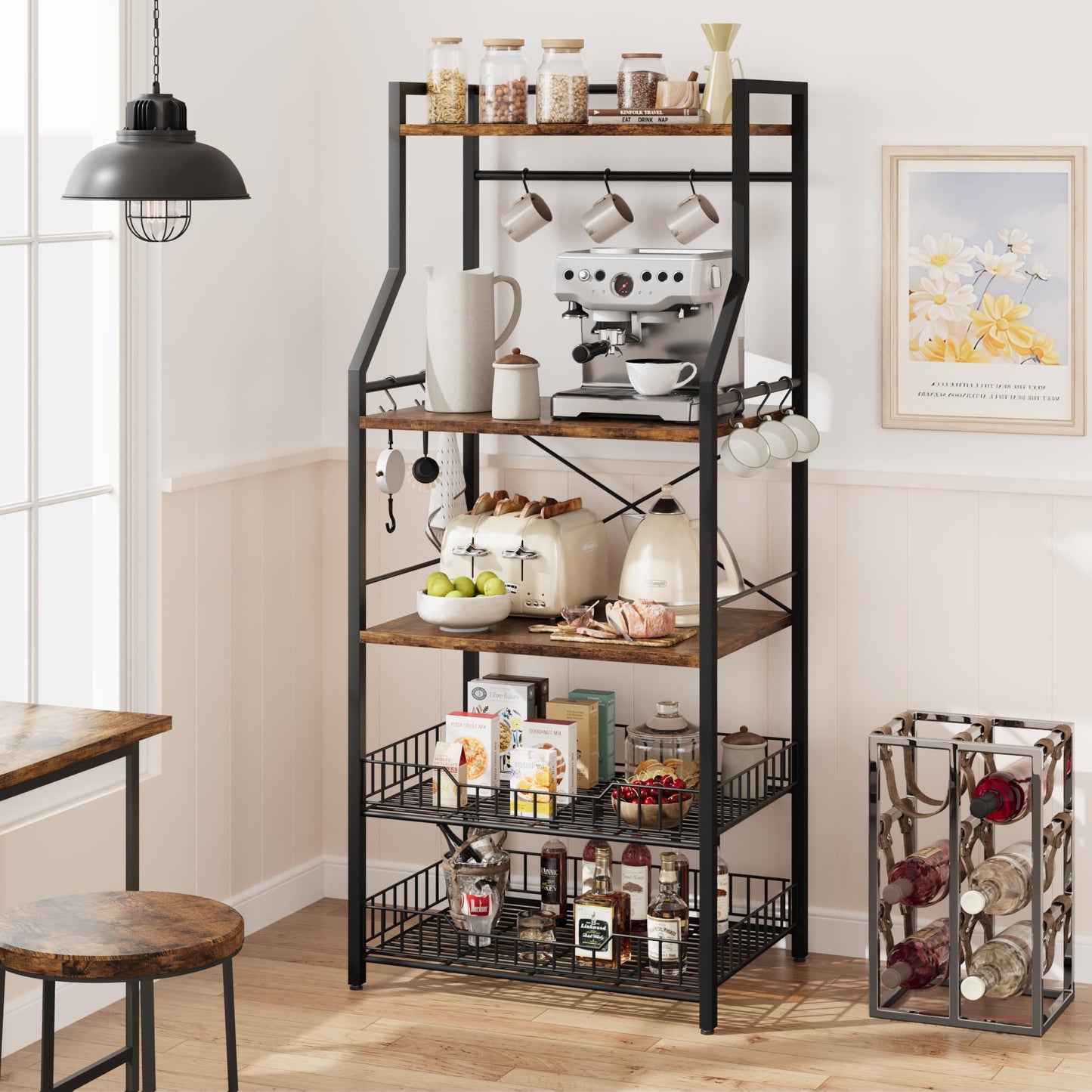 IDEALHOUSE Kitchen Bakers Rack, Microwave Oven Stand with 2 Large Wire Basket, Industrial Coffee Bar Station, 5-Tier Kitchen Utility Storage Shelf with 8 Hooks for Spice, Pots Organizer, Rustic Brown