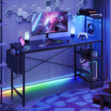Bestier Gaming Desk with LED Lights, 51.3 Inch Computer Desk with 4 Tiers Reversible Shelves, Home Office Writing Desk with Side Storage Bag, Hooks and Height Adjustable Shelf (Black Grained) Bestier