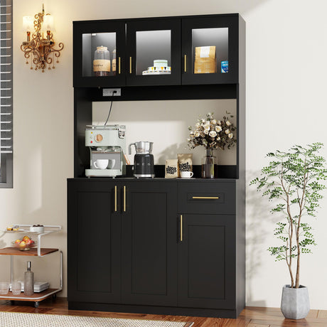 Vrmuxita Black Kitchen Pantry with Countertop: 71" Tall Kitchen Pantry Hutch Cabinet with Storage, Cabinet Hutch with Lights Outlets, Large Wood Food Cabinets (Black) Vrmuxita