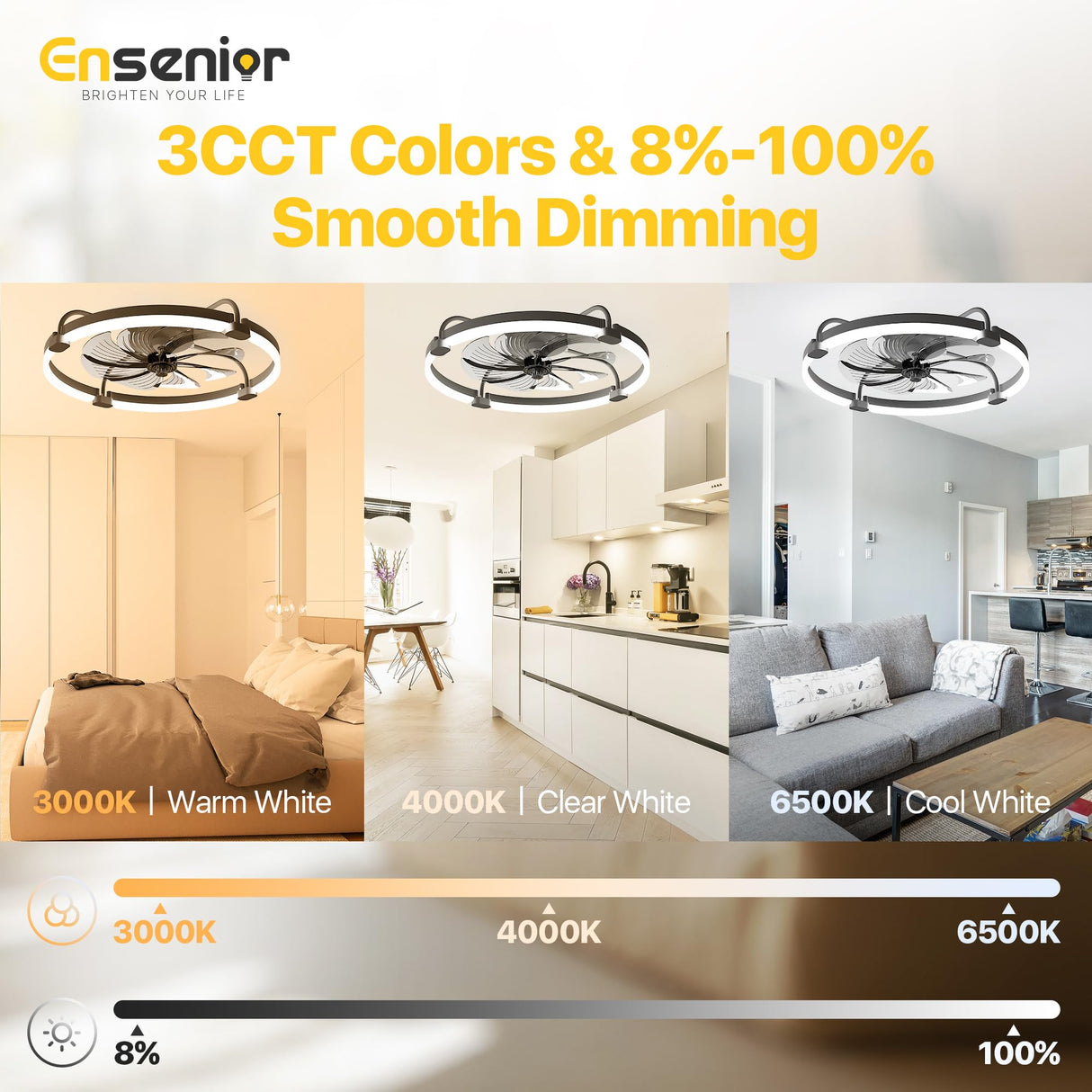 Ensenior 24'' Low Profile Ceiling Fans with Lights and Remote, Fandelier Ceiling Fan Flush Mount, APP Control, 6 Speed & 3000K-6500K Stepless Dimmable Small Ceiling Fan with Light for Bedroom - Black Ensenior