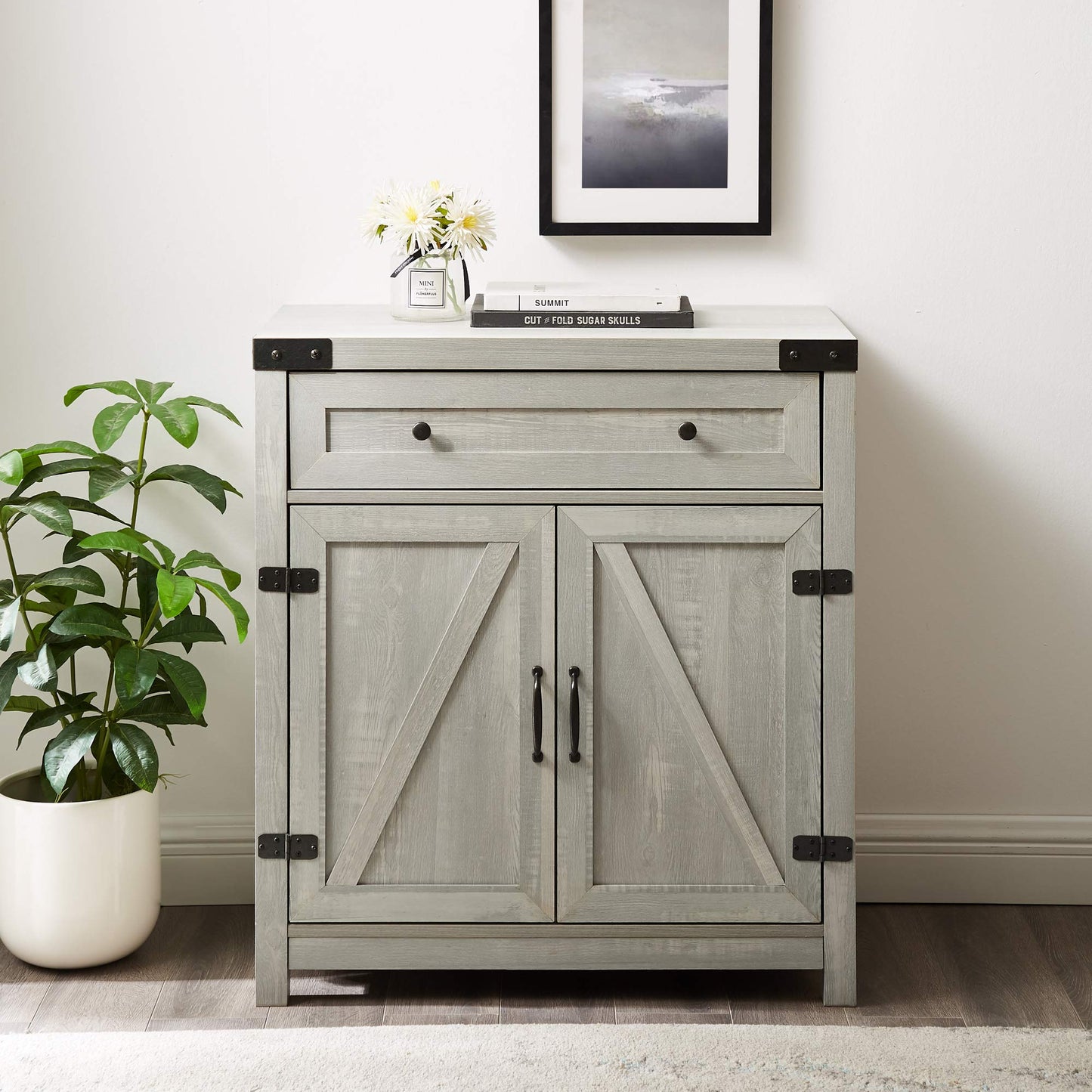 Walker Edison Cass Modern Farmhouse Double Barn Door Accent Cabinet, 30 Inch, Stone Grey, Without Fireplace - WoodArtSupply