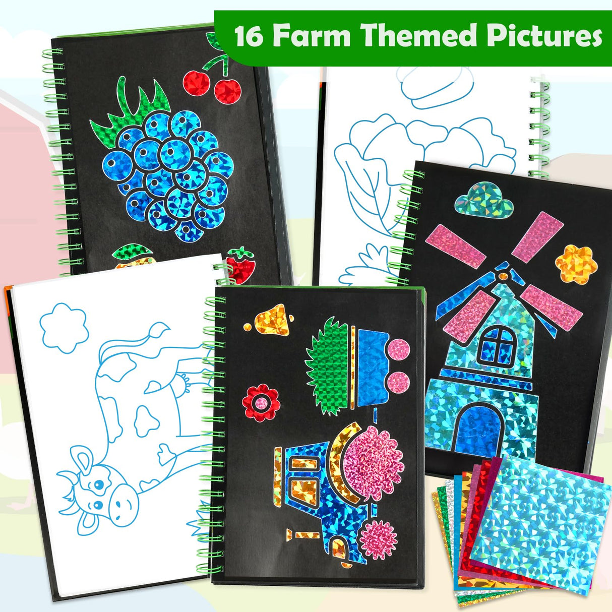 pigipigi Art Craft Activity for Kids: Foil Art Farm DIY Toy Kit, No Mess Creative Travel Supply Set, Idea Birthday Christmas Valentine Gift for Girl Boy Children 3 4 5 6 7 8 9 Year Old pigipigi