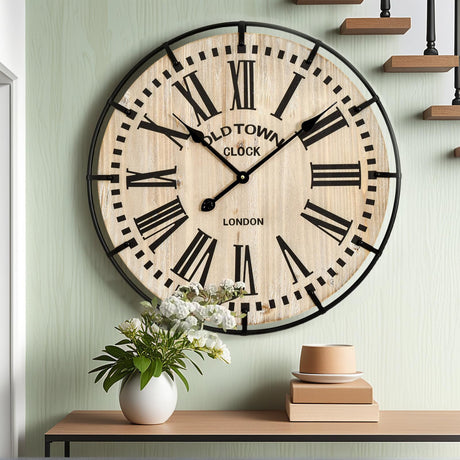 EMAX HOME Rustic Farmhouse Wall Clock 24 Inch, Vintage Oldtown London Wooden Large Clock with Silent Tick, for Bedroom, Office, Kitchen, Indoor Home Decoration EMAX HOME