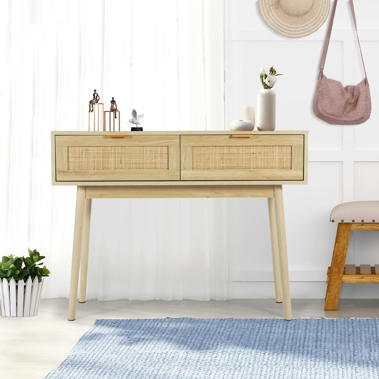 DOALBUN OKL 39" Console Table, Oak Entryway Table with 2 Rattan Drawers, Sofa Table with Wood Frame and Bamboo Storage Shelf, Rustic Hallway Table for Living Room Foyer Entryway (Natural) DOALBUN