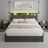 Albott King Size Lift Up Storage Bed Frame, Modern RGB LED Light Platform Bed Frame with Charging Station/Linen Upholstered Headboard/No Box Spring Needed, Black Albott