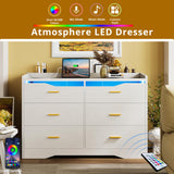 IRONCK Dresser for Bedroom with LED Light and Charging Station, Large Dressers & Chests of Drawers with 6 Wooden Drawers, Storage Organizer Dresser for Hallway, Bedroom, White IRONCK