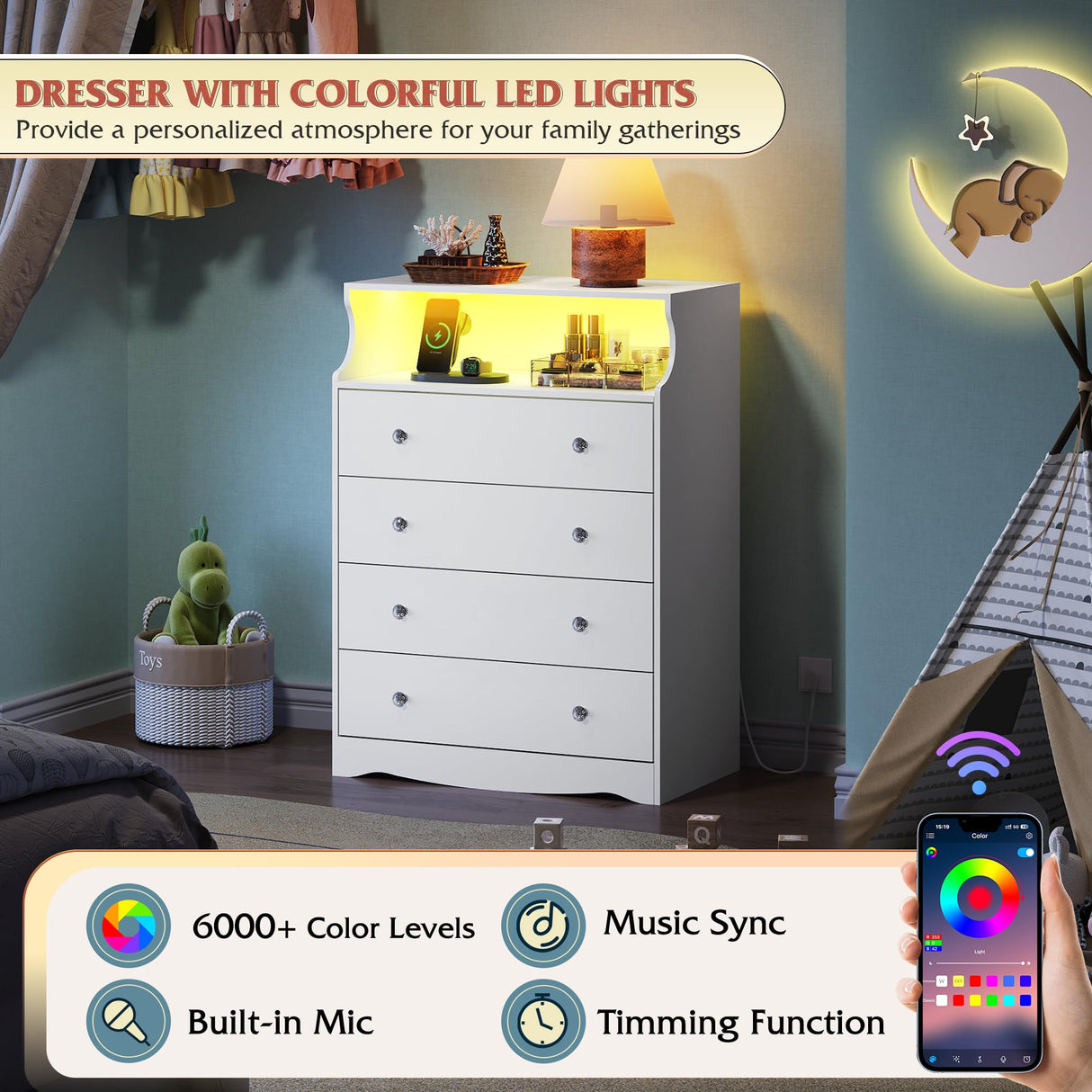 WLIVE White LED Dresser for Bedroom, Tall Wood Dresser with 4 Drawers and Open Shelf, Chest of Drawers with Charging Station and LED Lights for Living Room, Hallway, Closet WLIVE