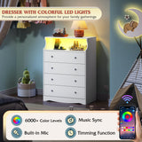 WLIVE White LED Dresser for Bedroom, Tall Wood Dresser with 4 Drawers and Open Shelf, Chest of Drawers with Charging Station and LED Lights for Living Room, Hallway, Closet WLIVE