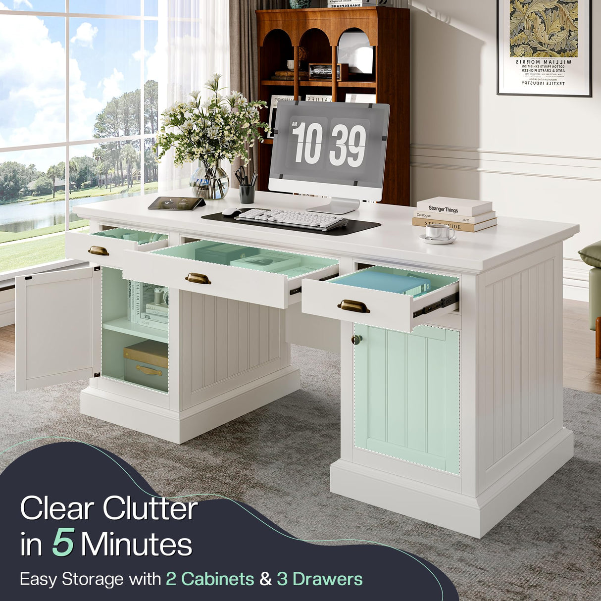 Jocisland 68" Executive Desk for Home Office & Study, Fluted Panel Computer Table with 3 Drawers and 2 Cabinets, Farmhouse Writing Desk – Pure White Jocisland