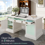 Jocisland 68" Executive Desk for Home Office & Study, Fluted Panel Computer Table with 3 Drawers and 2 Cabinets, Farmhouse Writing Desk – Pure White Jocisland