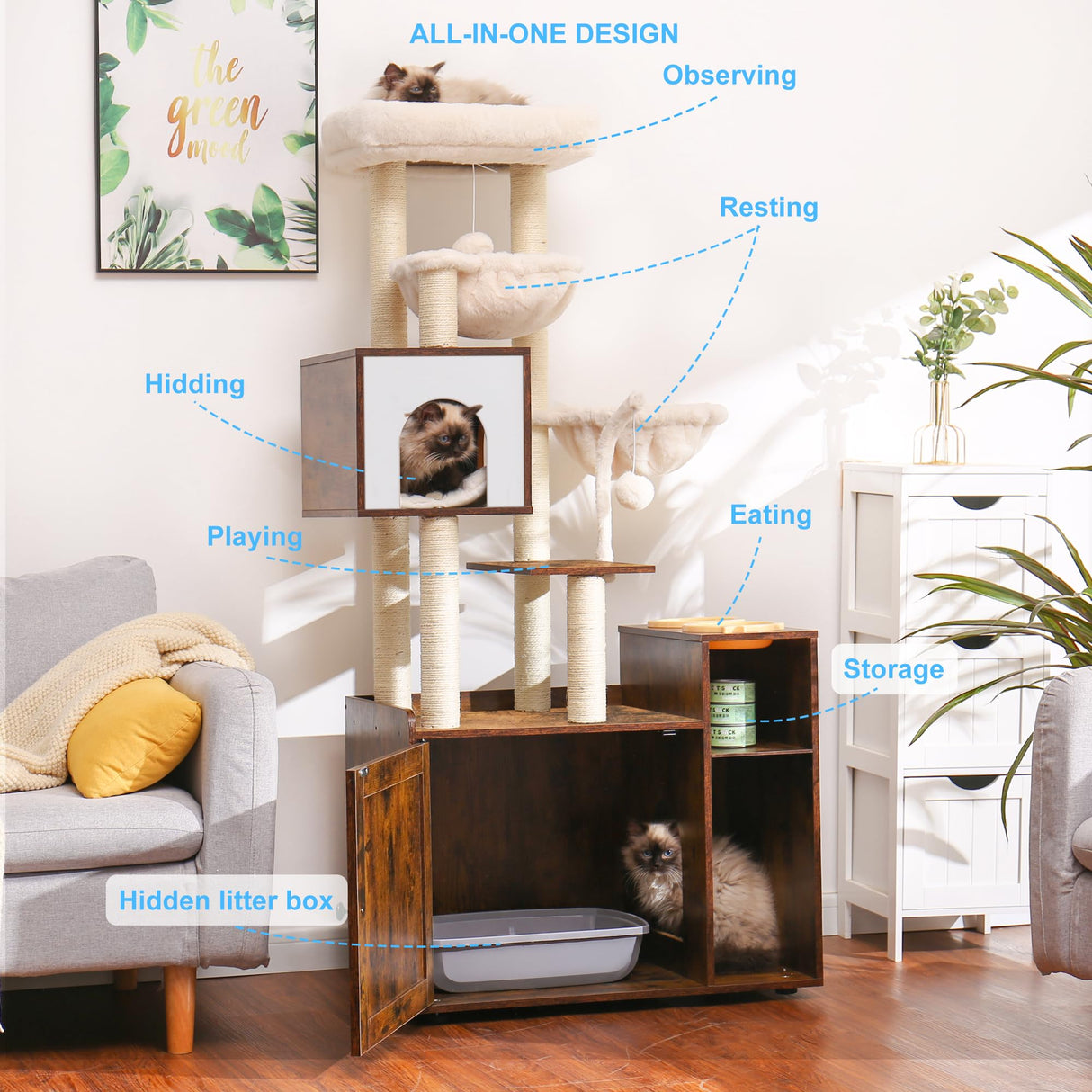 Hey-brother Cat Tree with Litter Box Enclosure, Modern Cat Tower for Indoor Cats with Large Platform, Condo Food Station and 2 Hammocks, All-in-one Cat Furniture, Wood Rustic Brown MPJ115SR Hey-brother