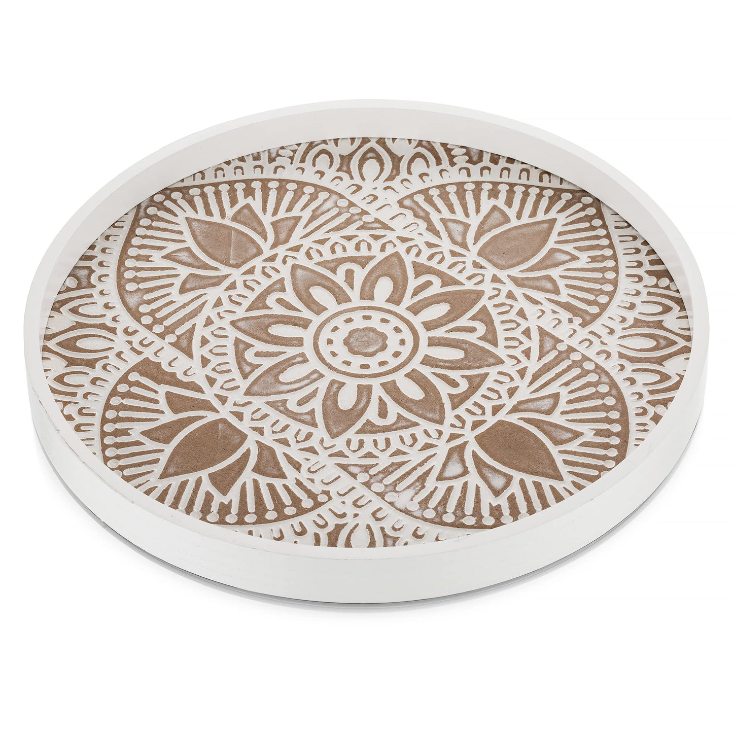 Hanobe Decorative Serving Tray Round: Farmhouse Coffee Table Tray for Ottoman Boho Wooden Centerpiece Rustic White Washed Mandala Home Decor Living Dining Room Kitchen Counter Display - WoodArtSupply