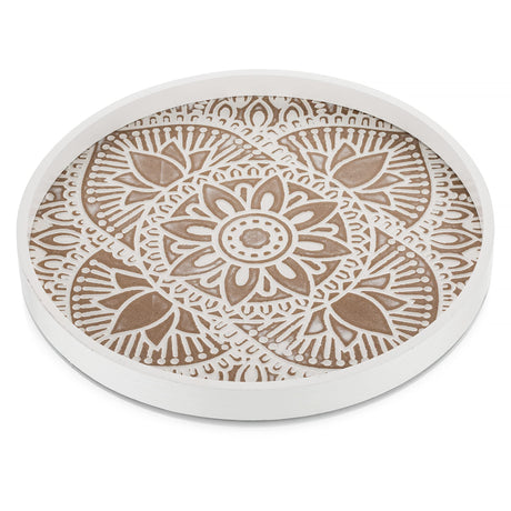 Hanobe Decorative Serving Tray Round: Farmhouse Coffee Table Tray for Ottoman Boho Wooden Centerpiece Rustic White Washed Mandala Home Decor Living Dining Room Kitchen Counter Display Hanobe