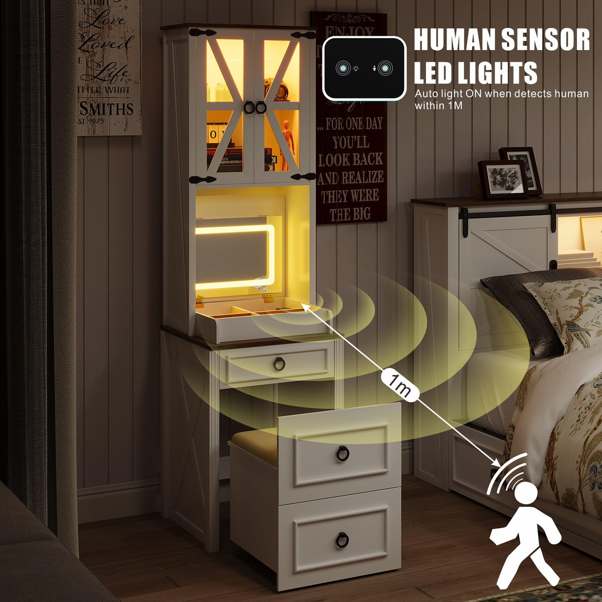 FREDEES Farmhouse Vanity Desk with Mirror,Small Makeup Vanity Set with Customizable Lighting,Compact Makeup Vanity with Hidden Storage and Comfortable Stool,Dressing Table for Bedroom,White FREDEES