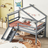 Bellemave Twin Size Kids Low Loft Bed,House Loft Bed with Slide and Ladder,Solid Wood Low Loft Bed with Safety Guardrails for Girls Boys,Grey Bellemave