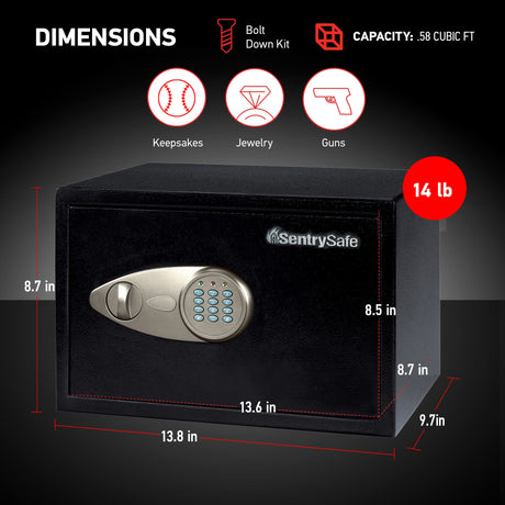 SentrySafe Safe with Digital Keypad Lock, DOJ-Certified Steel Safe with Interior Lining and Bolt Down Kit for Money, Jewelry, Electronics, 0.58 Cubic Feet, 8.7 x 13.8 x 9.7 Inches, X055 SentrySafe
