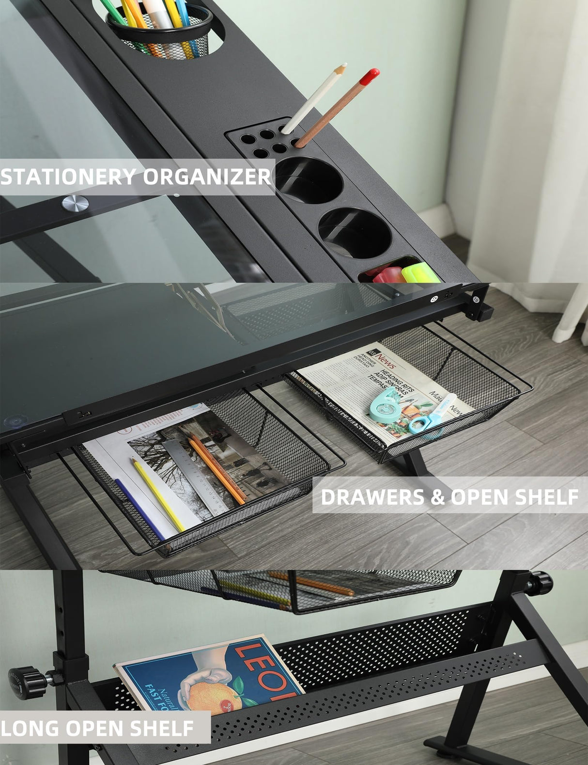 Gaderth Drafting Table w/Stool, Height Adjustable Drawing Table, Multifunctional Art Craft Paintings Work Station w/2 Storage Drawers Artists Desk Tilting Glass Tabletop for Home Office, Black Gaderth