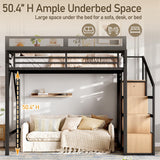 Bellemave Twin XL Loft Bed Frame with Storage Stairs, Beside Shelf & Wardrobe, Metal Loft Bed Twin XL with USB Ports & LED Light, Large Under-Bed Space Loft Beds for Adults, Teens, Kids, Black Natural Bellemave