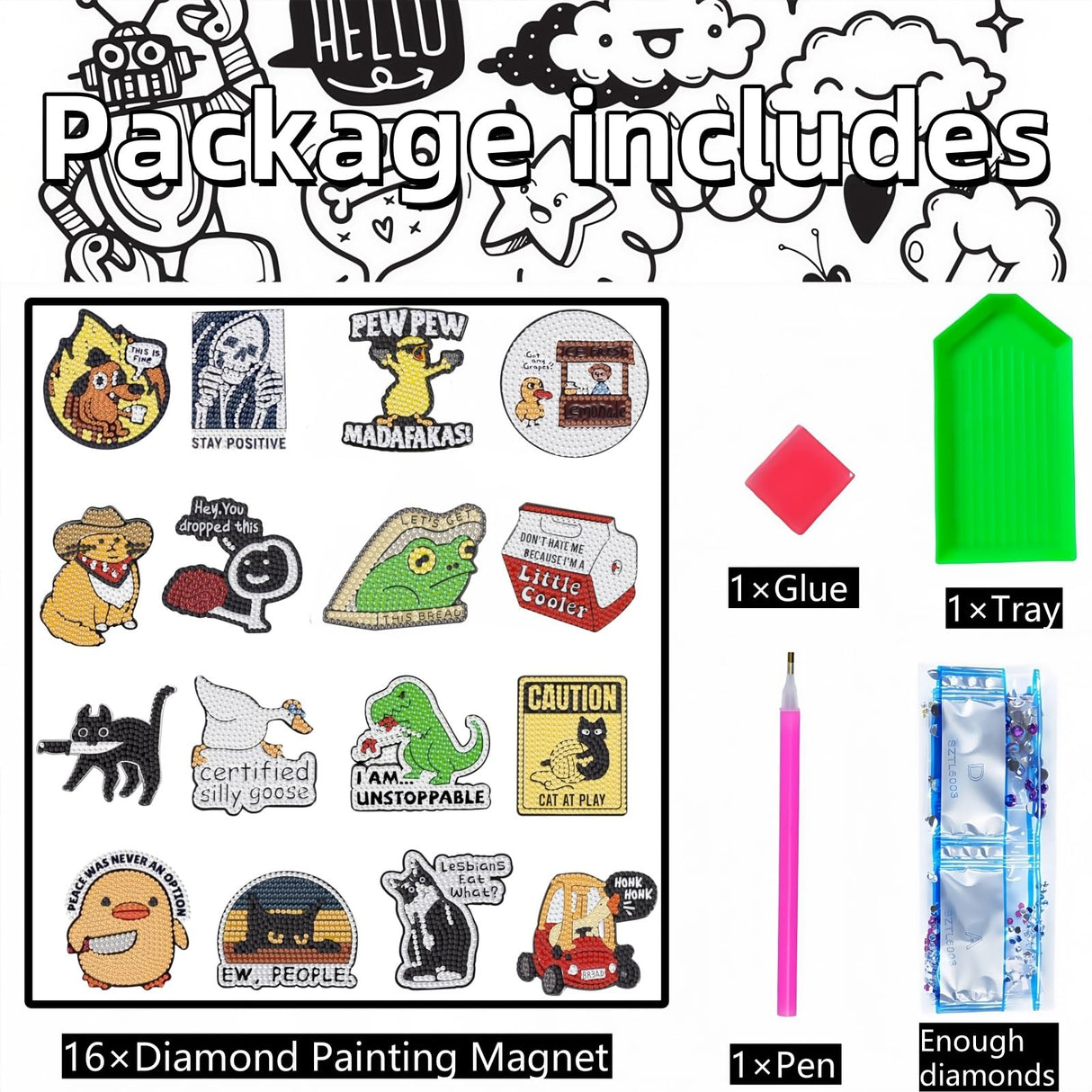 16 Pcs Funny Diamond Painting Magnets Kits,Diamonds Art Fridge Magnet Refrigerator Sticker Diamond Painting kit for Beginners Adults DIY Art Craft Gifts Home Decors (Funny) Bulerrylulu