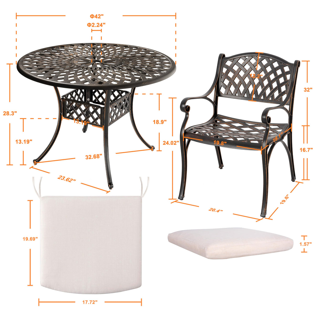 NUU GARDEN 5 Piece Outdoor Patio Dining Set with Beige Cushions, Cast Aluminum Round Dining Table with Umbrella Hole and Patio Dining Chairs for Garden, Balcony, Black with Bronze Edge NUU GARDEN