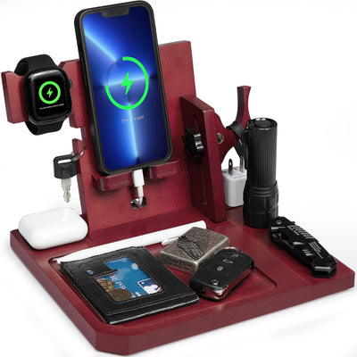 OneTigris Wood Phone Docking Station, Gifts for Men Nightstand Organizer Desk Organizer Beside Wallet Tray Watch Stand with Gun Rack, Anniversary Birthday Gifts for Dad Husband Boyfriend Fathers' Day