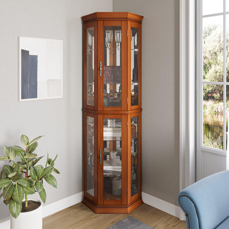 BELLEZE Lighted 3-Side Glass Display Curio Cabinet w/Tempered Glass Doors and Shelves, Accent Wooden Corner Cabinet with Bulb, Corner Storage Decoration Rack for Living Room & Bedroom - Corona (Oak) BELLEZE