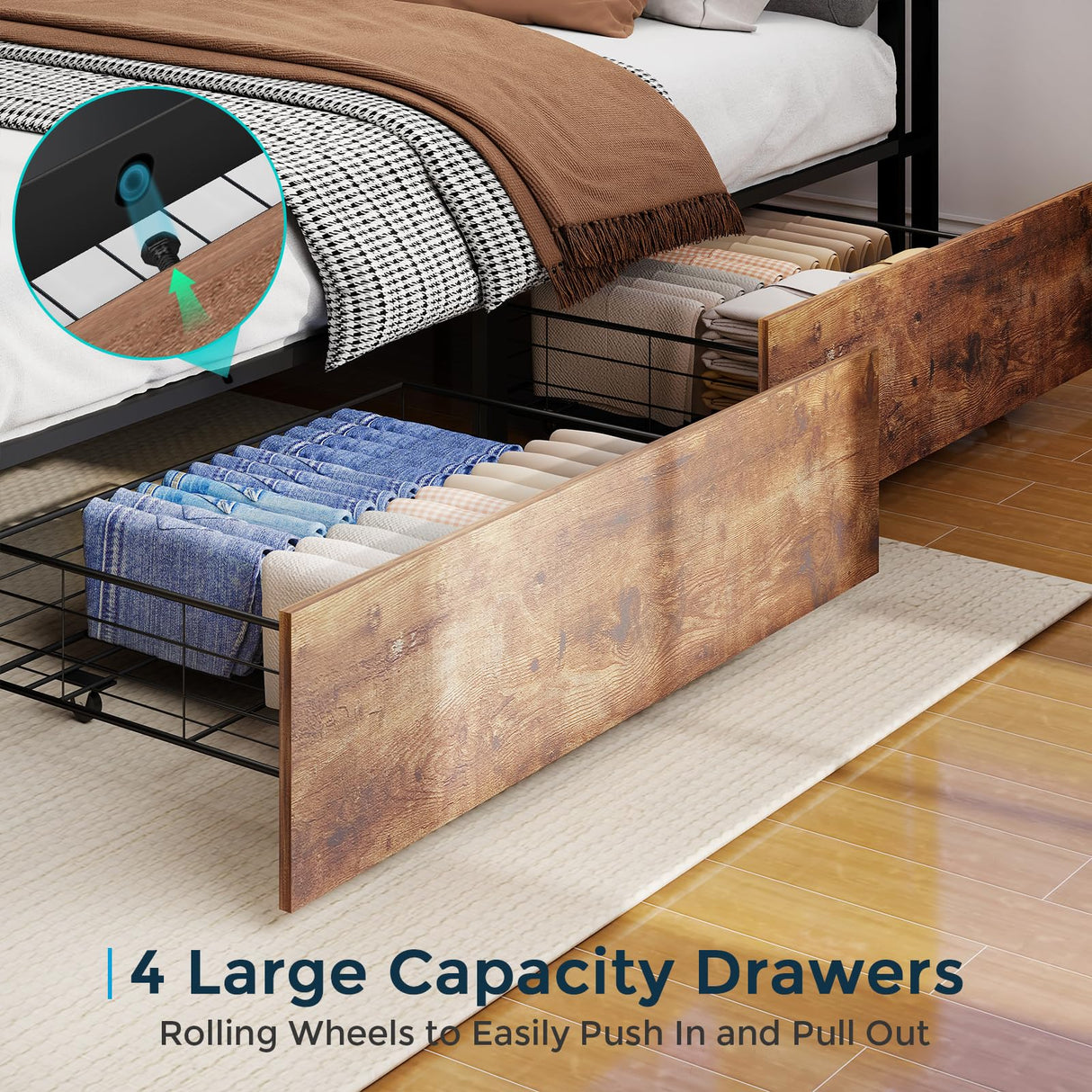 SADENICEL King Bed Frame with Storage Headboard and 4 Drawers, Metal Platform Bed Frame with LED Light, Charging Station, No Box Spring Needed, Noise Free, Easy Assembly, Vintage Brown SADENICEL