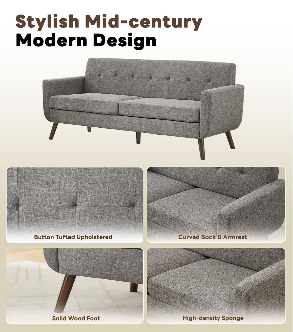 Tbfit 77.2" W Linen Sofa Couch, Mid Century Modern Decor Loveseat Couches for Living Room, Button Tufted Upholstered Small Couch for Bedroom, Solid, and Easy to Install Love Seats Furniture, Grey Tbfit