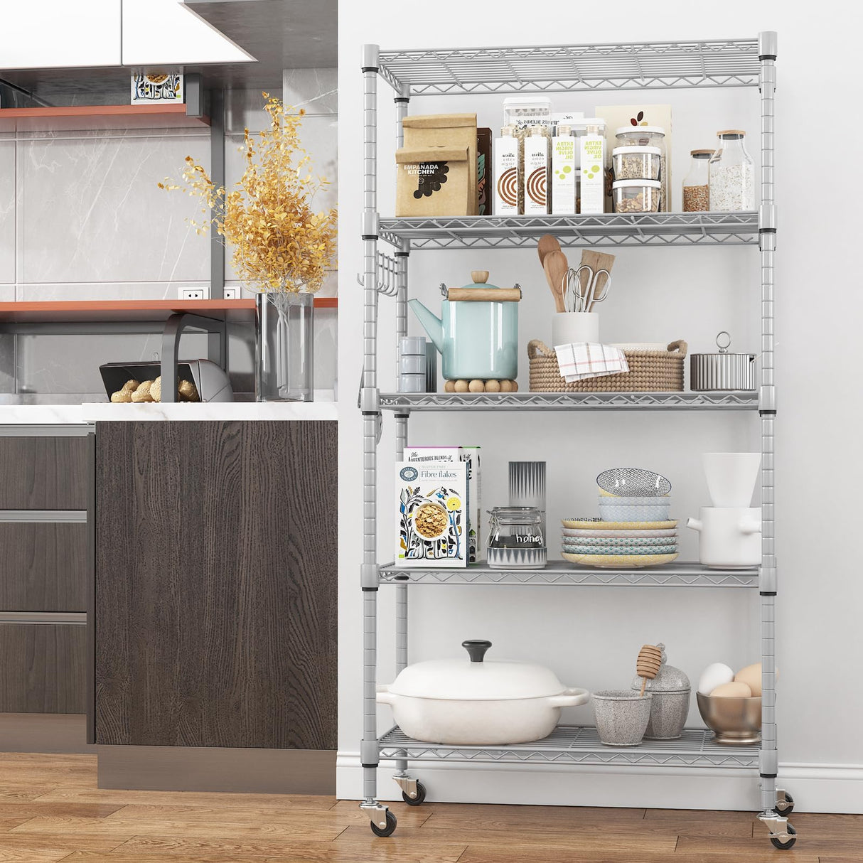 Himimi 5-Tier Storage Shelf Wire Shelving Unit on Wheels, Adjustable Heavy Duty Metal Shelves with Side Hooks, Steel Rack Organization for Kitchen Garage Basement, Silver Himimi