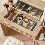 LEYAOYAO Vanity Desk with Mirror and Lights, 43.5'' Fluted Makeup Vanity with 6 Drawers and Adjustable Shelves, Natural Wood Make Up Vanity Dressing Table with Glass Top and Power Outlet for Bedroom LEYAOYAO