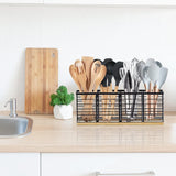 Suli Extra Large Kitchen Utensil Holder with 4 Compartments，Matte Black Metal holder with Wooden Base for Kitchen Countertop，Farmhouse Cooking Utensil Storage, Rustic Cooking Utensil Suli