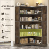 TVU Wood Corner Book Shelf, 5 Tier 65 Inch Tall Bookshelf with Storage, Floor Standing Display Book Shelf for Living Room, Kitchen, Home Office, Rustic Brown TVU