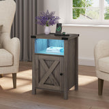 Hlivelood Farmhouse LED Nightstand Set of 2 with Charging Station, Rustic End Table with Barn Door & Storage Shelf, Bedside Table for Bedroom, Living Room, Grey Hlivelood