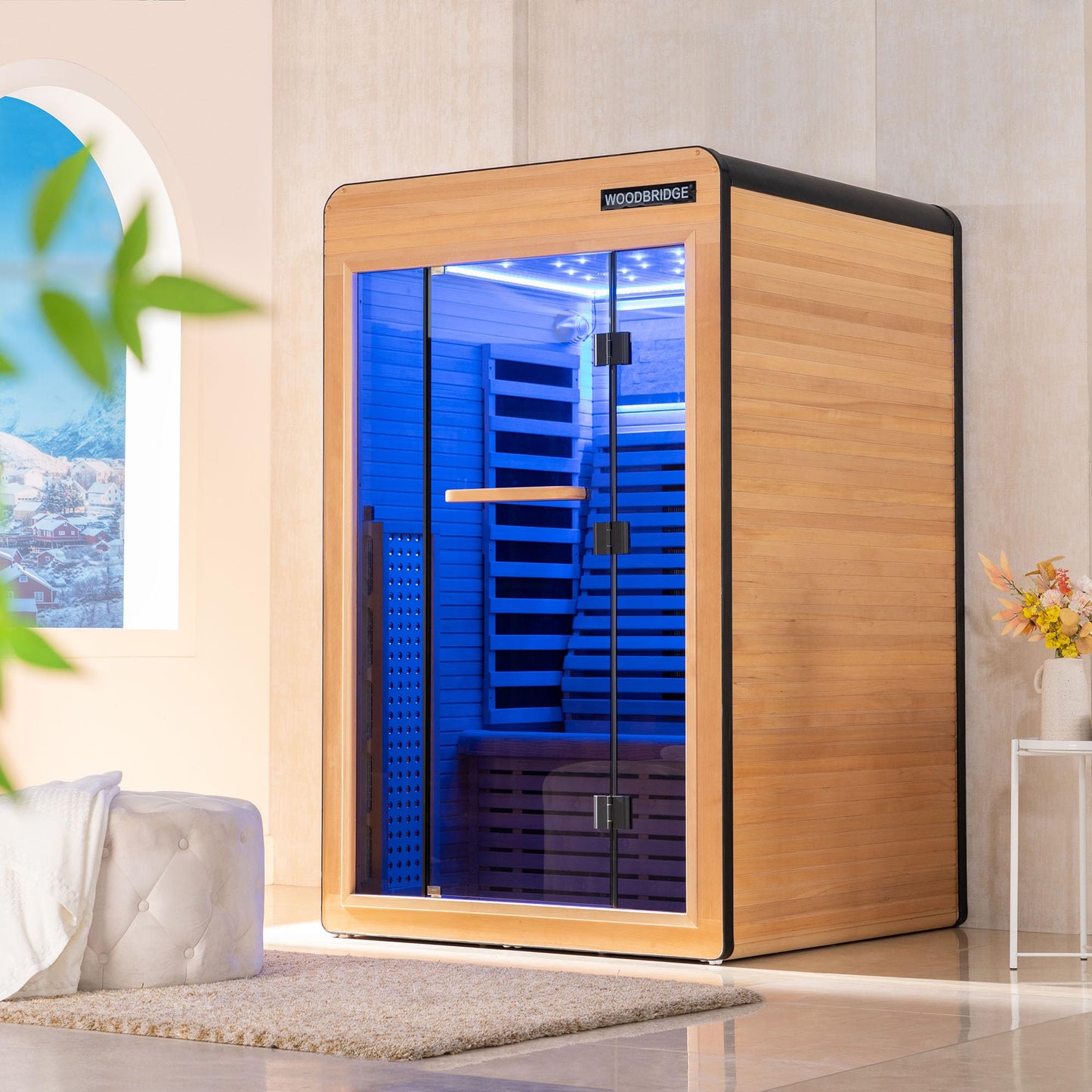 WOODBRIDGE Infrared Home Sauna Room 2 Person Hemlock Wooden Indoor Sauna,7 Carbon 2230W/120V Heaters,with Led Color Therapy Light,Bluetooth Speaker,Tempered Glass,Touch-Tone Keypad and A Top Vent