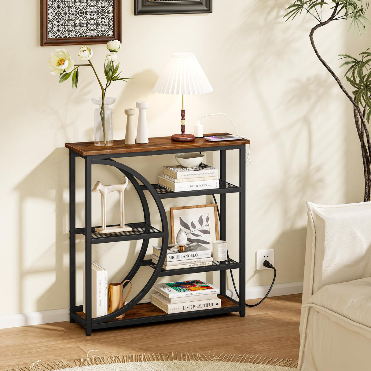 Snughome Entryway Table, Console Table with Charging Station, Industrial Narrow Sofa Table with 5 Tier Storage Shelves, Entrance Table for Hallway, Behind The Couch, Living Room, Foyer Snughome